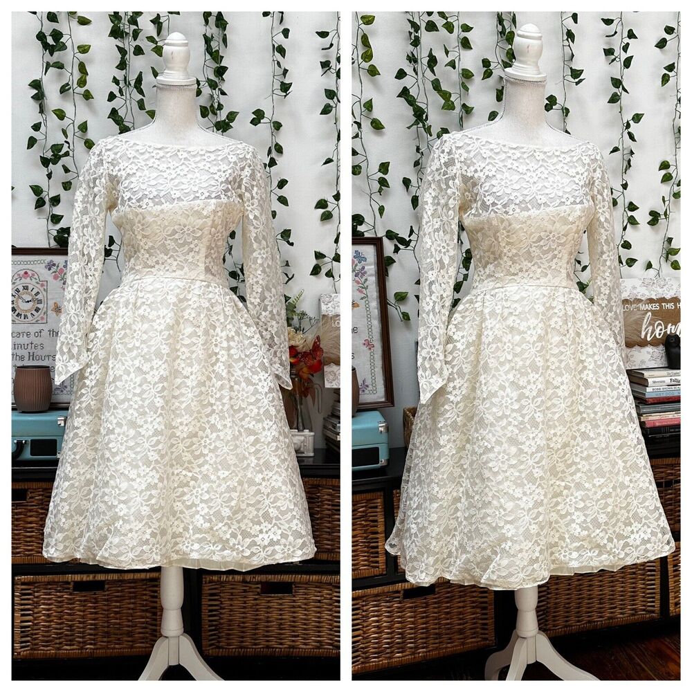 Vintage 60s White Lace Tea Dress Bridal Wedding Lorrie Deb Mod Party XS/S